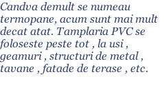 Candva demult se numeau termopane, acum sunt mai mult decat atat. Tamplaria PVC se foloseste peste tot , la usi , geamuri , structuri de metal , tavane , fatade de terase , etc.
